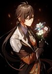  1boy armor black_gloves bouquet brown_hair brown_suit earrings formal genshin_impact glaze_lily gloves holding holding_bouquet jewelry long_hair long_sleeves looking_to_the_side male_focus orange_eyes red_eyeliner ring rosa_(hoshino) shoulder_armor single_earring suit tassel zhongli_(genshin_impact) 