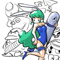 1girl 2007 6+others :o animal_ears bird blue_leotard breasts bullet bunny_ears bunnysuit character_request fish green_hair high_heels hikaru_(parodius) holding leotard long_hair lowres minus8 octopus oversized_object pale_skin paper_airplane parodius penguin pig rabbit_ears rabbit_tail simple_background tail white_background