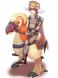 1boy armor armored_boots asaya_hikaru bird boots brown_hat brown_pants chainmail commentary_request envelope feathered_wings full_body hat head_wings holding holding_reins knight_(ragnarok_online) looking_at_viewer male_focus mouth_hold pants pauldrons peco_peco ragnarok_online red_eyes red_hair reins riding riding_bird saddle short_hair shoulder_armor simple_background solo white_background white_wings wings 