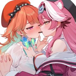  2girls andyleeyuan animal_ears blush breasts earrings feathers food food_in_mouth gradient_hair hat hololive hololive_english incoming_pocky_kiss jewelry long_hair multicolored_hair multiple_girls orange_hair panther_ears panther_girl pink_hair pocky pocky_in_mouth pocky_kiss raora_panthera shared_food takanashi_kiara violet_eyes virtual_youtuber yellow_eyes yuri 