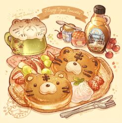  animal-themed_food apple apple_slice bottle cherry chinese_zodiac commentary cup cutting_board english_commentary english_text food food_focus fork fruit grapes highres jam jar knife maple_syrup mug nao_(bestrollever) no_humans original pancake shadow signature simple_background spoon stamp_mark star_(symbol) strawberry strawberry_slice whipped_cream year_of_the_tiger yellow_background 