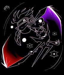  abstract black_background cape crossover dark_matter_(kirby) dark_matter_blade deltarune efy727 english_commentary highres horns kirby_(series) knight mask no_humans one-eyed roaring_knight simple_background swinging_weapon sword trait_connection utdr_(toby_fox) weapon 