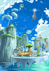  ?_coin blue_sky clouds coin day floating_island fluffy_bluff_galaxy_(mario) gold_coin grass highres maribou_(supermaribou) outdoors scenery sky super_mario_bros. super_mario_galaxy_2 tree 