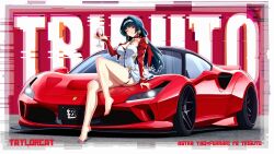  1girl absurdres artist_name astra_yao barefoot black_hair breasts car character_name cleavage company_name dress drink female ferrari ferrari_f8_tributo garter headband highres long_hair motor_vehicle necklace one_eye_closed pink_eyes red_car red_eyes signed solo taylorcat toenail_polish toenails toes vehicle vehicle_name wine wink zenless_zone_zero 