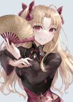  1girl :d ahoge alternate_costume asle bangs blonde_hair blush bow breasts chinese_clothes ereshkigal_(fate) eyebrows_visible_through_hair fate/grand_order fate_(series) fingernails folding_fan grey_background hair_bow hand_fan highres holding holding_fan long_fingernails long_hair long_sleeves looking_at_viewer medium_breasts nail_polish parted_bangs parted_lips purple_nails red_bow red_eyes simple_background smile solo two_side_up upper_body 