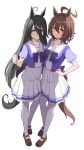  2girls absurdres agnes_tachyon_(umamusume) ahoge animal_ears arm_around_waist bangs black_hair blush bow bowtie brown_footwear brown_hair clenched_hand earrings from_above full_body hair_between_eyes hand_on_hip highres horse_ears horse_girl horse_tail jewelry long_bangs long_hair looking_at_viewer manhattan_cafe_(umamusume) mary_janes medium_hair messy_hair multiple_girls nagaburo_imoni open_mouth pleated_skirt puffy_short_sleeves puffy_sleeves purple_bow purple_bowtie purple_shirt red_eyes sailor_collar school_uniform serafuku shirt shoes short_sleeves simple_background single_earring skirt smile standing straight_hair summer_uniform tail tareme thigh-highs tracen_school_uniform umamusume very_long_hair white_background white_legwear white_skirt yellow_eyes 