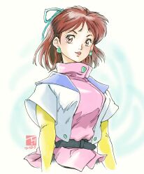  1girl 2023 anice_farm belt blue_ribbon breasts brown_eyes brown_hair chouon_senshi_borgman commentary_request dated earrings hair_ribbon highres jacket jewelry kujira_gunsou long_sleeves looking_at_viewer medium_breasts medium_hair open_clothes open_jacket open_mouth partial_commentary pink_shirt revision ribbon shirt simple_background solo standing 