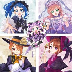  1boy 4girls animal_ears asymmetrical_bangs baby black_bow black_cape black_hat black_jacket black_sleeves blue_eyes blue_hair blunt_bangs blush botn_02 bow braid braided_bun bridal_veil candy cape cat_ears cat_tail choker closed_mouth collar collarbone commentary_request dress earrings ellee-chan food frilled_collar frilled_wrist_cuffs frills green_eyes hair_bow hair_bun hair_over_one_eye hand_on_own_chest hat head_wreath high_ponytail highres hijiri_ageha hirogaru_sky!_precure holding holding_candy holding_food jacket jewelry long_hair long_sleeves looking_at_viewer multiple_girls nail_polish nijigaoka_mashiro official_alternate_costume one_eye_covered open_mouth orange_bow orange_hair pink_bow pink_dress pink_hair pink_hat pink_nails ponytail precure puffy_long_sleeves puffy_sleeves purple_bow purple_choker purple_dress purple_hair red_hair ribbon_choker shirt side_ponytail smile sora_harewataru tail veil white_shirt white_wrist_cuffs wrist_cuffs yuunagi_tsubasa 