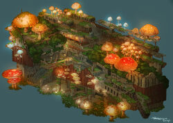  1boy abandoned arrow_(symbol) backpack bag blue_background brown_hat brown_pants commentary_request dilapidated escalator flashlight glowing glowing_mushroom grey_shirt hat highres moss mushroom original overgrown pants post-apocalypse railroad_tracks ruins shirt simple_background solo stairs starbucks starbucks_siren tokyogenso train wreckage 