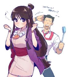  1boy 1girl absurdres ace_attorney bead_necklace beads black_hair blue_pants bracelet brown_eyes brown_hair collared_shirt frown hair_ornament hanten_(clothes) highres jacket japanese_clothes jewelry kimono light_blush long_hair looking_to_the_side low-tied_long_hair low-tied_sidelocks maya_fey musical_note necklace necktie pants phoenix_wright puckered_lips purple_jacket rectangular_mouth red_necktie red_sash sash shirt short_hair sidelocks sleeves_rolled_up sphere_hair_ornament spiky_hair spoken_musical_note sweat topknot translation_request watch watch white_kimono wide_sleeves yowasabimechaoc 