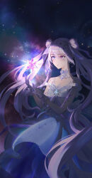  1girl :o absurdly_long_hair absurdres armlet bare_shoulders blue_dress bow bow_choker brooch choker cowboy_shot dark double_bun dress eyelashes floating_hair frilled_gloves frills gloves glowing guides_of_star_(shining_nikki) hair_between_eyes hair_bun hair_ornament hexagram highres jewel_under_eye jewelry kohanai_setsuna long_hair looking_at_object necklace nikki_(series) object_floating_above_hand parted_lips pink_hair pleated_dress purple_bow purple_ribbon ribbon see-through_choker shining_nikki sleeveless sleeveless_dress solo space standing star_(symbol) star_brooch star_hair_ornament star_necklace very_long_hair violet_eyes wavy_hair white_choker white_gloves wrist_bow 