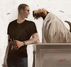  1boy black_shirt brown_eyes cigarette ctkcave cup denim dog english_text glasses holding holding_cigarette holding_cup jeans looking_at_another male_focus on_table original pants piercing_hole shaved_head shirt simple_background solo table tongue tongue_out watch watch white_background white_blanket 