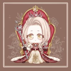  1girl animated animated_gif asymmetrical_hair black_gloves blinking blonde_hair brown_background chibi chinese_commentary closed_mouth commentary_request crown dress expressionless eyes_visible_through_hair floral_background flower forehead fur-trimmed_robe fur_trim gem glint gloves gown holding holding_scepter jewelry layered_dress light_blush light_frown long_dress long_hair looking_at_viewer looping_animation necklace nikki_(series) on_throne path_to_the_crown_(shining_nikki) picture_frame pleated_dress red_dress red_gemstone red_robe robe rose scepter shining_nikki sitting sitting_on_throne solo sparkle straight-on tareme wavy_hair xiaoyu_qixing yellow_dress yellow_eyes 