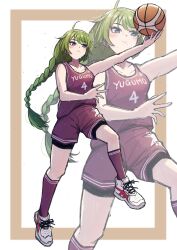  1girl ahoge ball basketball basketball_(object) basketball_jersey basketball_shorts basketball_uniform bike_shorts bike_shorts_under_shorts blue_eyes blunt_bangs braid character_name green_hair highres kantai_collection ld_(luna_dial398) long_hair mole mole_under_mouth multiple_views playing_games purple_shirt purple_shorts purple_socks shirt shoes shorts single_braid sleeveless sleeveless_shirt socks sportswear white_shoes yuugumo_(kancolle) zoom_layer 