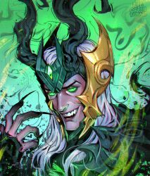  1boy absurdres armor black_eyes black_nails colored_sclera commentary english_commentary fake_horns fang fingernails glowing glowing_eyes gold_armor green_armor green_background green_sclera green_theme hair_slicked_back highres horned_headwear horns loki_(marvel) loki_(marvel)_(all-butcher) long_fingernails long_hair looking_at_viewer male_focus marvel marvel_rivals official_alternate_costume open_mouth redgreengoblin sharp_fingernails solo teeth thor_(marvel)_(series) upper_body white_hair 