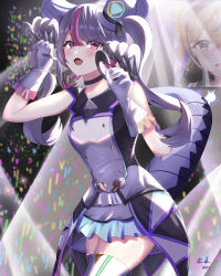  1girl absurdres black_choker choker claw_(weapon) claw_pose concert dress duel_masters fang gloves glowstick gradient_clothes grey_hair hat highres horns idol_clothes kouchi_no_chouten_radio_roses long_hair mini_hat multicolored_hair open_mouth pink_eyes pink_hair screen_zoom signature sitokano_k sleeveless sleeveless_dress solo sparkle spotlight tail thigh-highs twintails weapon white_gloves white_thighhighs 