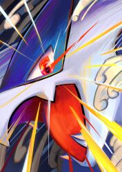  close-up clouds colored_skin emphasis_lines ezgk385 fang from_side hashtag-only_commentary highres looking_at_viewer lugia no_humans open_mouth pokemon pokemon_(creature) pokemon_focus red_eyes red_tongue skin_fang solo upper_body white_skin 