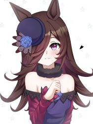  1girl absurdres animal_ears armpit_crease blue_hat blush bowler_hat breasts brown_hair closed_mouth dress english_commentary floral_background flower hair_over_one_eye hat hat_flower heart highres horse_ears horse_girl knosdeba long_hair looking_at_viewer off-shoulder_dress off_shoulder rice_shower_(rosy_dreams)_(umamusume) rice_shower_(umamusume) small_breasts smile solo strapless strapless_dress tilted_headwear umamusume upper_body variant_set violet_eyes white_background 