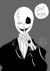  1boy 2023 2d artist_logo artist_name dated digital_media english_text finger_to_mouth grey_background hole_in_hand hollow_eyes humanoid ikkakutenma male male_focus male_only monster monster_boy one_eye_closed portrait simple_background skeleton speech_bubble straight-on sweater text twitter_username undead undertale utdr_(toby_fox) w.d._gaster white_sweater 