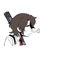  1boy anatomical_nonsense baseball_bat brown_hair closed_eyes collared_shirt heathcliff_(project_moon) holster imminent_kiss limbus_company maomao_evading_jinshi&#039;s_kiss_(meme) meme necktie project_moon red_necktie scar scar_on_face shirt shoulder_holster simple_background solo teeny_(nonzone) white_background white_shirt 