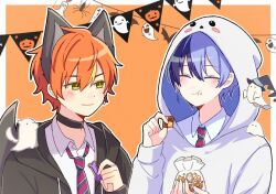  2boys animal_ears aoyagi_touya bat_(animal) biyo black_choker black_jacket blonde_hair blue_hair bone border bug candle choker closed_eyes closed_mouth collared_shirt commentary_request diagonal-striped_clothes diagonal-striped_necktie drawstring earrings eating fake_animal_ears food food_in_mouth food_on_face ghost green_eyes halloween_costume hand_up hands_up hat hood hood_down hooded_jacket hoodie jacket jewelry kamiyama_high_school_uniform_(project_sekai) long_sleeves looking_at_another male_focus multicolored_hair multiple_boys necktie orange_hair outside_border project_sekai pumpkin school_uniform shinonome_akito shirt short_hair smile spider split-color_hair streaked_hair striped_clothes stud_earrings two-tone_hair upper_body white_border white_hoodie witch_hat wolf_ears 