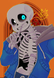  1boy 2023 2d arm_out_of_frame artist_logo artist_name black_shorts blue_eyes blue_jacket dated digital_media drawstring finger_to_mouth glowing glowing_eye grey_hood highres hood hood_down hooded_jacket humanoid ikkakutenma jacket looking_at_viewer male male_focus male_only monster monster_boy no_shirt open_clothes open_jacket orange_background orange_outline outline ribs sans_(undertale) shorts simple_background skeleton solo spine teeth twitter_username undead undertale utdr_(toby_fox) 