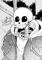  1boy 2023 2d artist_logo artist_name dated digital_media drawstring greyscale hood hood_down hooded_jacket humanoid ikkakutenma jacket male male_focus male_only monochrome monster monster_boy open_clothes open_jacket outdoors sans_(undertale) skeleton solo street tank_top teeth twitter_username undead undertale utdr_(toby_fox) 