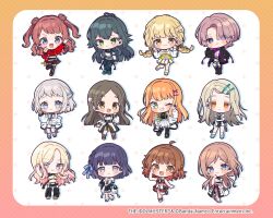  6+girls :d arimura_mao blonde_hair blue_eyes blue_hair blunt_bangs blush_stickers border braid brown_eyes brown_hair closed_mouth commentary_request copyright_notice egissi fujita_kotone full_body gakuen_idolmaster gradient_hair green_eyes green_hair grey_eyes grey_hair hair_ornament hairclip hanami_saki hanami_ume hataya_misuzu highres himesaki_rinami idolmaster juo_sena katsuragi_lilja kuramoto_china long_hair looking_at_viewer multicolored_hair multiple_girls official_art one_eye_closed open_mouth orange_eyes orange_hair parallel_hairclips parted_bangs pink_hair red_shirt shinosawa_hiro shirt shiun_sumika short_hair smile standing star_(symbol) star_symbol_background tsukimura_temari twin_braids white_background x_hair_ornament yellow_border 