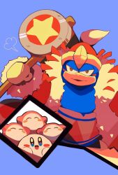  1boy :d beak blue_background blue_skin brown_eyes closed_mouth color_contrast colored_skin fur-trimmed_jacket fur_trim hammer hat highres holding holding_hammer jacket king_dedede kirby kirby_(series) light_smile open_mouth purano7 red_hat smile waddle_dee 