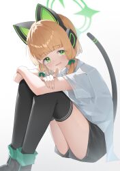  1girl :d absurdres animal_ear_headphones animal_ears black_shorts black_thighhighs blonde_hair blue_archive blunt_bangs blush bow cat_ear_headphones cat_ears cat_tail collared_shirt crossed_arms dress_shirt fake_animal_ears fake_tail feet_out_of_frame fingernails green_bow green_eyes hair_bow headphones highres hugging_own_legs index_finger_raised ixia559 knees_up leaning_forward legs looking_at_viewer medium_hair midori_(blue_archive) open_mouth pointing pointing_at_viewer shirt short_sleeves shorts sidelocks simple_background sitting smile solo tail tail_raised tareme thigh-highs thighs twitter_username white_background white_shirt 