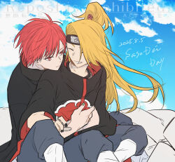  2boys ^_^ akatsuki_uniform asymmetrical_bangs black_nails blonde_hair closed_eyes clouds deidara_(naruto) english_text eyeliner fishnet_top fishnets flying forehead_protector green_nails grey_pants grin happy hayamin35 high_ponytail highres hug hug_from_behind implied_yaoi iwagakure_symbol jewelry long_hair makeup male_focus multiple_boys naruto_(series) pants ponytail red_eyes red_hair ring robe sasori_(naruto) sky smile watermark 