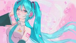  1girl aegyo_sal arm_markings blue_eyes blue_hair blue_necktie breasts collared_shirt detached_sleeves double-parted_bangs drawn_flower eyelashes falling_petals film_grain floating_hair frutiger_metro hair_between_eyes halftone halftone_background hand_on_own_ear hatsune_miku headphones highres long_hair looking_at_viewer medium_breasts necktie noisykoala parted_lips petals pink_background polka_dot polka_dot_background shirt sketch sleeveless sleeveless_shirt teeth thick_lips twintails very_long_hair vocaloid wide_sleeves 