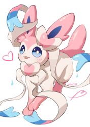  absurdres animal_focus blue_eyes blue_sclera blush bow closed_mouth colored_sclera heart highres looking_at_viewer no_humans pink_fur pokemon pokemon_(creature) pokemon_focus ribbon simple_background smile solo sylveon tail tongue tongue_out two-tone_fur virchu17113 white_fur 