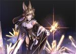 1girl absurdres animal_ears breasts cowboy_shot crystal detached_sleeves galleon_(granblue_fantasy) gloves granblue_fantasy highres horns large_breasts pointy_ears skindentation solo staff terry199813740 thigh_strap veil white_gloves 