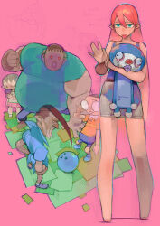  2girls 3boys ball bowling_ball brown_hair commentary glasses long_hair multiple_boys multiple_girls original pointy_ears round_eyewear saliva single_tear tongue tongue_out umezawa_michiko 