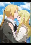  1boy 1girl :d ahoge blonde_hair blue_sky closed_eyes clouds coat couple day earrings edward_elric from_side fullmetal_alchemist grey_coat hair_intakes hetero highres hug jacket jewelry kiss kissing_cheek long_hair long_sleeves mini_(pixiv6327751) open_mouth outdoors ponytail shiny shiny_hair sky smile twitter_username upper_body white_jacket wing_collar winry_rockbell 
