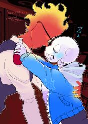  2024 2boys 2d artist_logo artist_name bartender black_shorts black_vest blue_jacket bottle closed_eyes dated digital_media duo elemental_(creature) english_text fire_elemental flaming_head glasses grillby holding holding_bottle hollow_eyes hood hood_down hooded_jacket hug humanoid ikkakutenma jacket ketchup_bottle male male_focus male_only mixed-language_text monster monster_boy multiple_boys no_mouth open_clothes open_jacket orange_skin sans_(undertale) shirt shorts skeleton sleeping striped_clothes striped_shorts teeth text twitter_username undead undertale uniform utdr_(toby_fox) variant_set vertical-striped_clothes vertical-striped_shorts vest white_shirt white_stripes zzz 