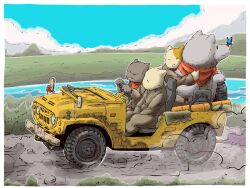 3boys bear bug butterfly car cat_boy highres license_plate military_jeep motor_vehicle mountainous_horizon multiple_boys original road vehicle_focus water yabarn 