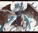  1girl bangs black_dress black_wings blue_hair blue_nails commentary demon_tail dress feathered_wings hatsune_miku highres kimi_mo_warui_hito_de_yokatta_(vocaloid) long_hair lunar_(lunar_815) polka_dot polka_dot_dress red_eyes short_sleeves solo tail twintails very_long_hair vocaloid wings 