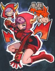 1girl boots breasts camerupt courtney_(pokemon) dress full_body hood hood_up hooded_vest hoodie kornart large_breasts pokemon pokemon_oras purple_hair red_boots red_hood red_sweater red_vest solo_focus sweater sweater_dress team_magma twitter_username vest violet_eyes