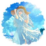  1girl :d blue_bow blue_eyes blue_ribbon blue_sky bow clouds collarbone colored_eyelashes day dress floating_hair flower hat hat_bow hat_flower highres long_hair looking_at_viewer ocean open_mouth original outdoors ribbon ryuga_(balius) short_sleeves sky smile solo standing straw_hat sun_hat sundress very_long_hair white_dress white_flower white_hair yellow_headwear 