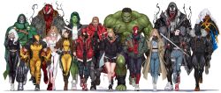  absurdres animal_print beard black_cat_(marvel) black_panther_(marvel) blonde_hair blue_eyes bodysuit breasts brown_hair carnage_(marvel) coat colored_bangs dark-skinned_female dark_skin deadpool_&amp;_wolverine deadpool_(series) denim doctor_doom emma_frost facial_hair fantastic_four fur_trim green_bodysuit green_headband headband highres hood hulk in-hyuk_lee jacket jeans large_pectorals long_tongue looking_at_another magik_(x-men) male_focus marvel mask miles_morales monster_boy multiple_boys muscular muscular_male navel pants pectorals peter_parker psylocke rogue_(x-men) scard sharp_teeth she-hulk short_hair spider-man spider-man_(miles_morales) spider-man_(series) spider_print storm_(x-men) sue_storm superhero_costume sword symbiote teeth thor_(marvel) tongue venom_(marvel) very_long_tongue weapon white_hair wolverine_(x-men) x-men yellow_bodysuit 