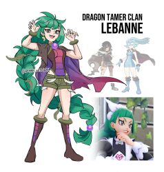  1girl aged_down alternate_costume boots bracelet braid braided_ponytail brown_boots brown_cloak brown_eyes brown_leotard character_name clair_(pokemon) claw_pose cloak earrings fingernails full_body game_screenshot_inset gradient_clothes gradient_leotard green_shorts hair_bobbles hair_ornament hands_up highres jewelry knee_boots lebanne_(pokemon) leotard long_braid long_fingernails long_hair looking_at_viewer messy_hair multicolored_leotard official_art_inset open_mouth orb pokemon pokemon_legends:_z-a purple_cloak purple_leotard reference_inset rhymewithray sharp_fingernails sharp_teeth short_shorts shorts single_braid smile solo standing teeth two-sided_cloak two-sided_fabric upper_teeth_only very_long_hair zinnia_(pokemon) 