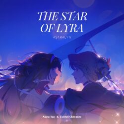  2girls astra_yao back bead_necklace beads black_coat black_hair blonde_hair blush character_name coat coat_on_shoulders commentary english_commentary english_text evelyn_chevalier eye_contact from_behind gloves hairband half_gloves highres instrument jacket jewelry long_hair long_ribbon looking_at_another multiple_girls necklace night night_sky outdoors piano red_jacket red_lips red_ribbon red_shrug ribbon ring_hair_ornament saskeboom shrug_(clothing) single_half_glove sky sparkle star_(sky) starry_sky upper_body violet_eyes white_hairband yuri zenless_zone_zero 