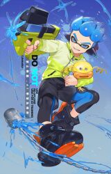  1boy agent_4_(splatoon) animal behind-the-head_headphones black_boots black_leggings black_shorts blue_background blue_eyes blue_hair boots commentary_request firing fish full_body green_jacket grin hair_slicked_back headphones hero_shot_(splatoon_2) highres holding holding_animal holding_fish holding_weapon inkling jacket jinkoika leggings leggings_under_shorts long_sleeves looking_at_viewer male_focus short_hair shorts smile solo splatoon_(series) splatoon_2 tentacle_hair v-shaped_eyebrows weapon zapfish zipper zipper_pull_tab 