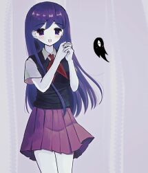  1girl black_sweater_vest blush collared_shirt colored_skin double-parted_bangs hair_between_eyes highres long_hair looking_at_viewer mari_(headspace)_(omori) mari_(omori) neckerchief omori open_mouth pleated_skirt purple_hair red_neckerchief red_skirt shirt short_sleeves skirt smile solo something_(omori) spoilers sweater_vest true_erg violet_eyes white_shirt white_skin 