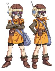  1girl bag bike_shorts black_shorts blue_eyes blunt_bangs blunt_ends boots brown_boots chrono_trigger closed_mouth crossed_arms dot_mouth full_body glasses grey_shirt grey_socks hand_on_own_hip headset helmet hosodayo lucca_ashtear multiple_views neckerchief orange_neckerchief orange_tunic parted_bangs purple_hair shirt short_hair shorts shoulder_bag smile socks solo toriyama_akira_(style) tunic white_background 