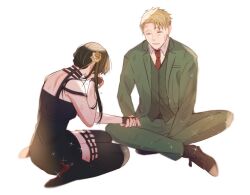  1boy 1girl bare_shoulders black_boots black_dress black_hair black_shoes blonde_hair boots closed_eyes collared_shirt couple dirty dirty_clothes dirty_face dress flower full_body gold_flower green_jacket green_pants green_suit green_vest hair_flower hair_ornament hair_stick hetero high_heel_boots high_heels holding_hands indian_style jacket kneeling laughing long_hair nako_(5a64_sf) necktie open_mouth pants red_necktie shirt shoes short_hair sidelocks sitting smile sparkle spy_x_family suit suit_jacket thigh_boots twilight_(spy_x_family) updo vest white_background white_shirt yor_briar 