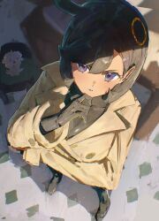  1girl absurdres black_bodysuit black_hair bodysuit bodysuit_under_clothes breasts brown_jacket dark-skinned_female dark_skin emma_(pokemon) espurr finger_to_own_chin from_above highres indoors jacket kouchanthree large_breasts looking_at_viewer pokemon pokemon_legends:_z-a short_hair solo thinking violet_eyes 