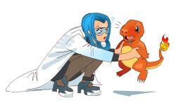  1girl 42yow black_dress black_shoes blue_eyes blue_hair charmander creature dress fire flame-tipped_tail glasses hair_rings holding holding_creature lab_coat lizard mable_(pokemon) pantyhose pokemon pokemon_(creature) pokemon_legends:_z-a safety_glasses saliva shoes tail white_background 